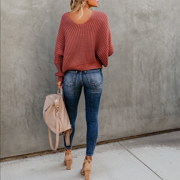 Knit V Neck Sweater - Dusty Cedar - Picture 5 of 8